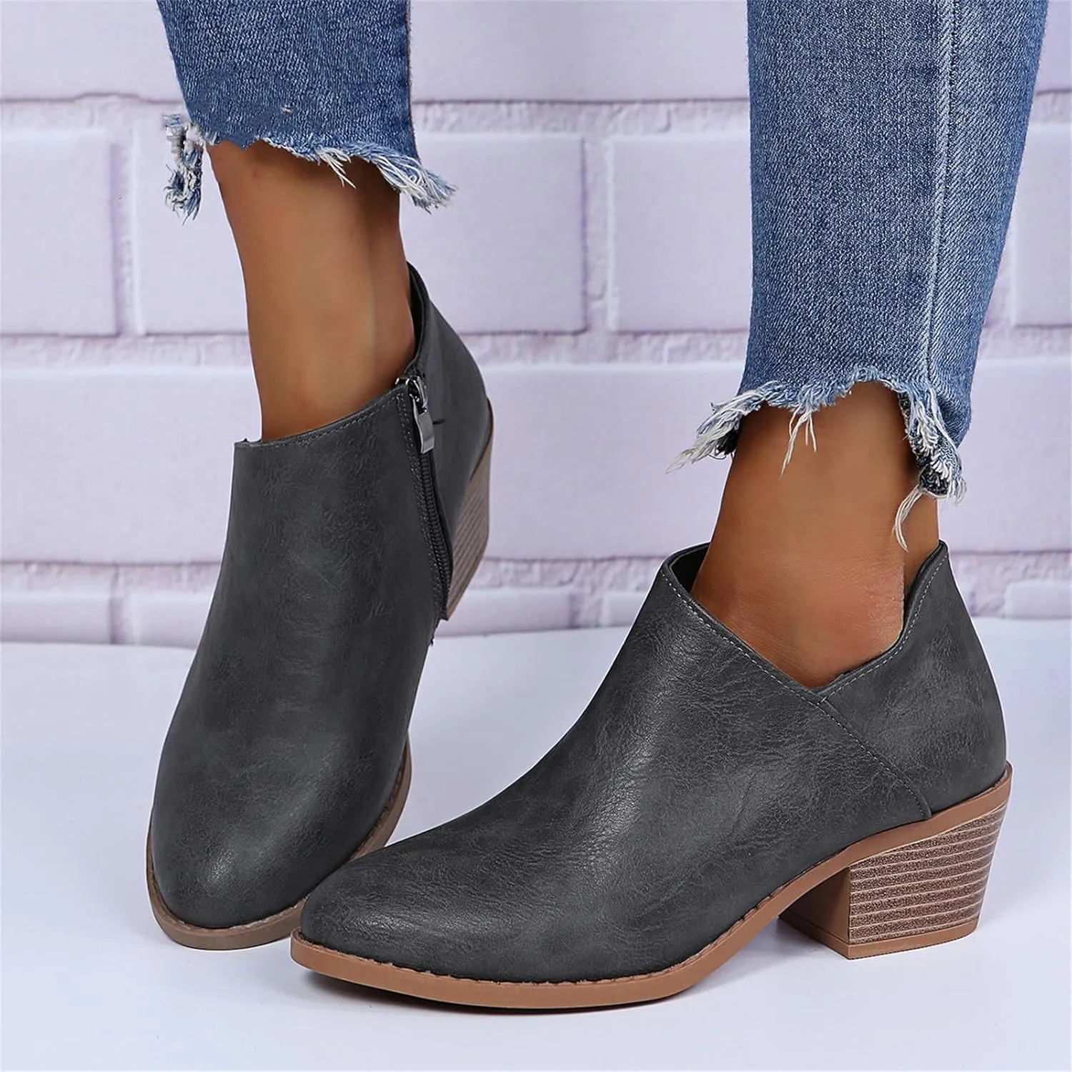 Lausiuoe Booties For Women Low Heel Comfortable Fashion Ankle Boots Chunky Stacked Wide Width Short Boots Western Shoes
