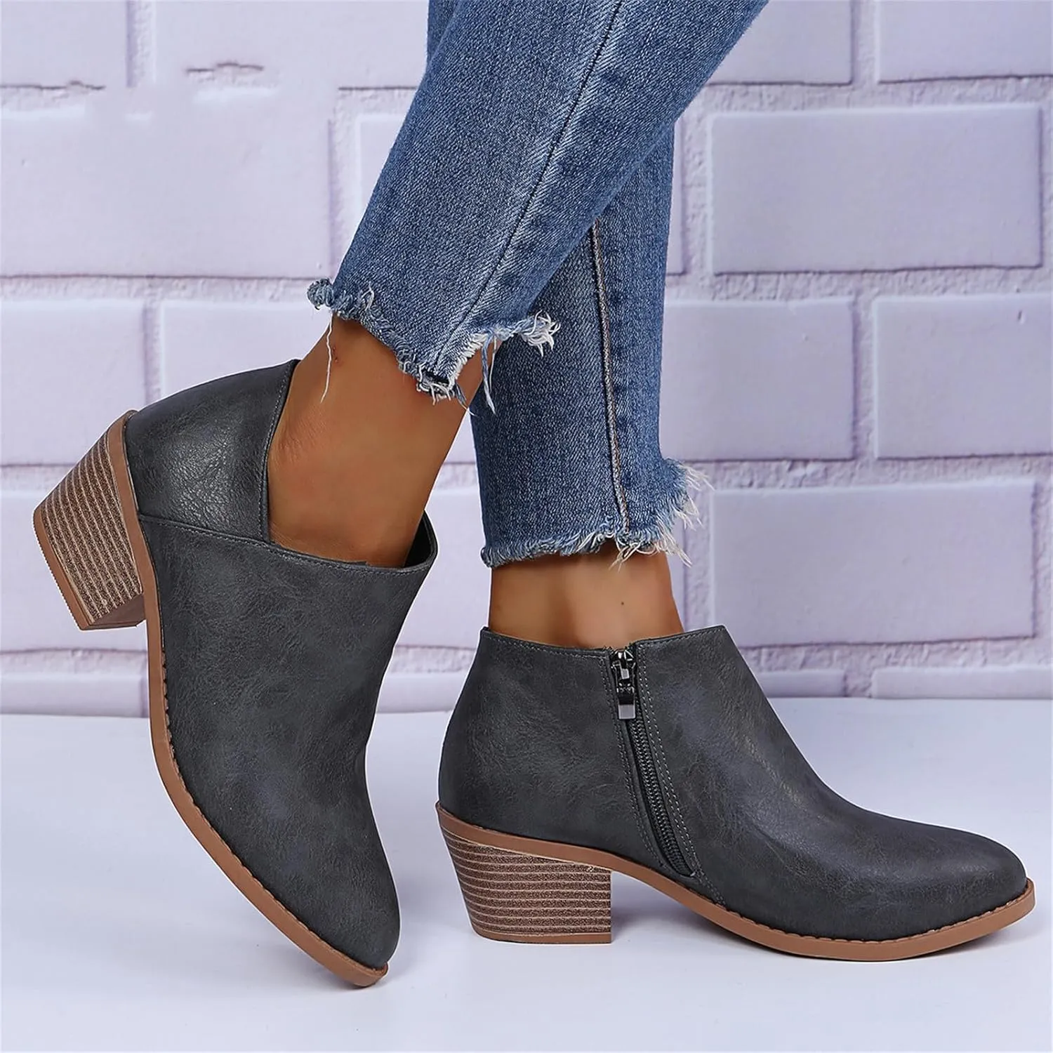 Lausiuoe Booties For Women Low Heel Comfortable Fashion Ankle Boots Chunky Stacked Wide Width Short Boots Western Shoes