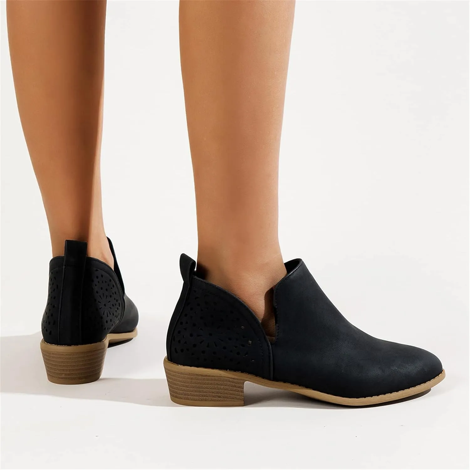 Lausiuoe Boots For Women Ankle Booties Low Heel Cut Out Stacked Chunky Block Casual Dressy Fashion Slip on Ankle Boots