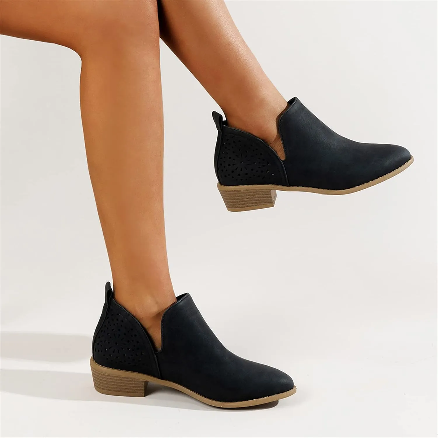 Lausiuoe Boots For Women Ankle Booties Low Heel Cut Out Stacked Chunky Block Casual Dressy Fashion Slip on Ankle Boots