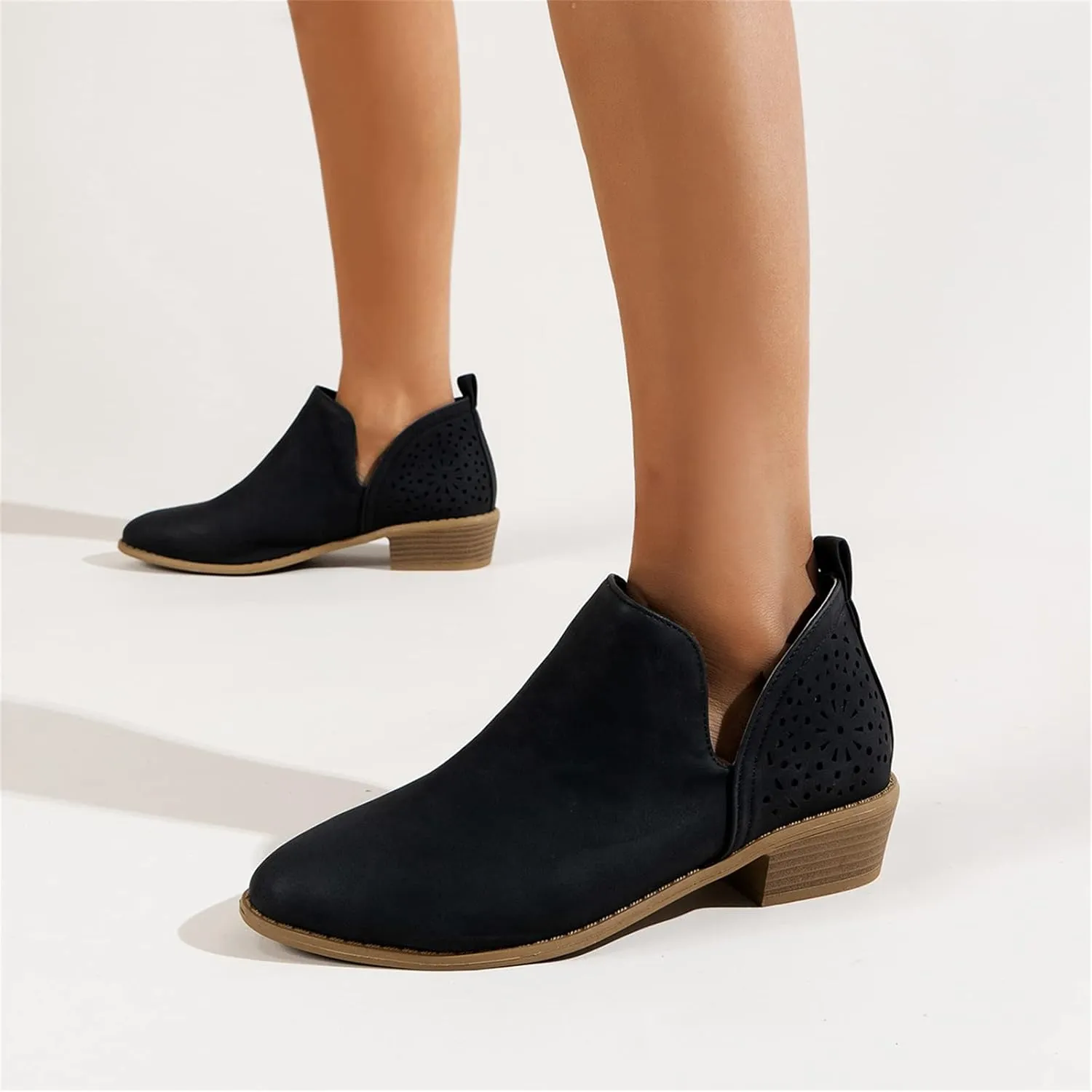 Lausiuoe Boots For Women Ankle Booties Low Heel Cut Out Stacked Chunky Block Casual Dressy Fashion Slip on Ankle Boots