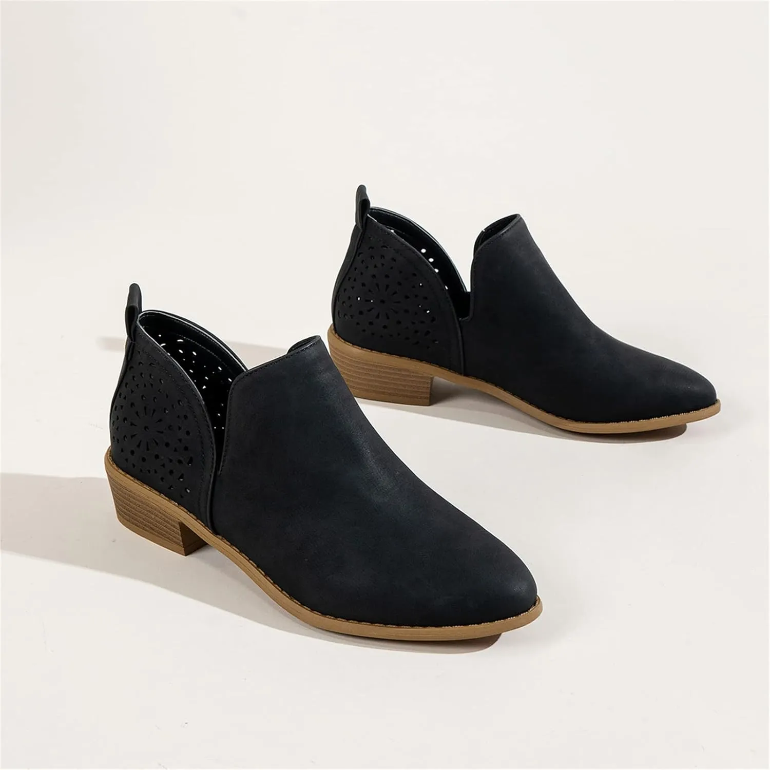 Lausiuoe Boots For Women Ankle Booties Low Heel Cut Out Stacked Chunky Block Casual Dressy Fashion Slip on Ankle Boots