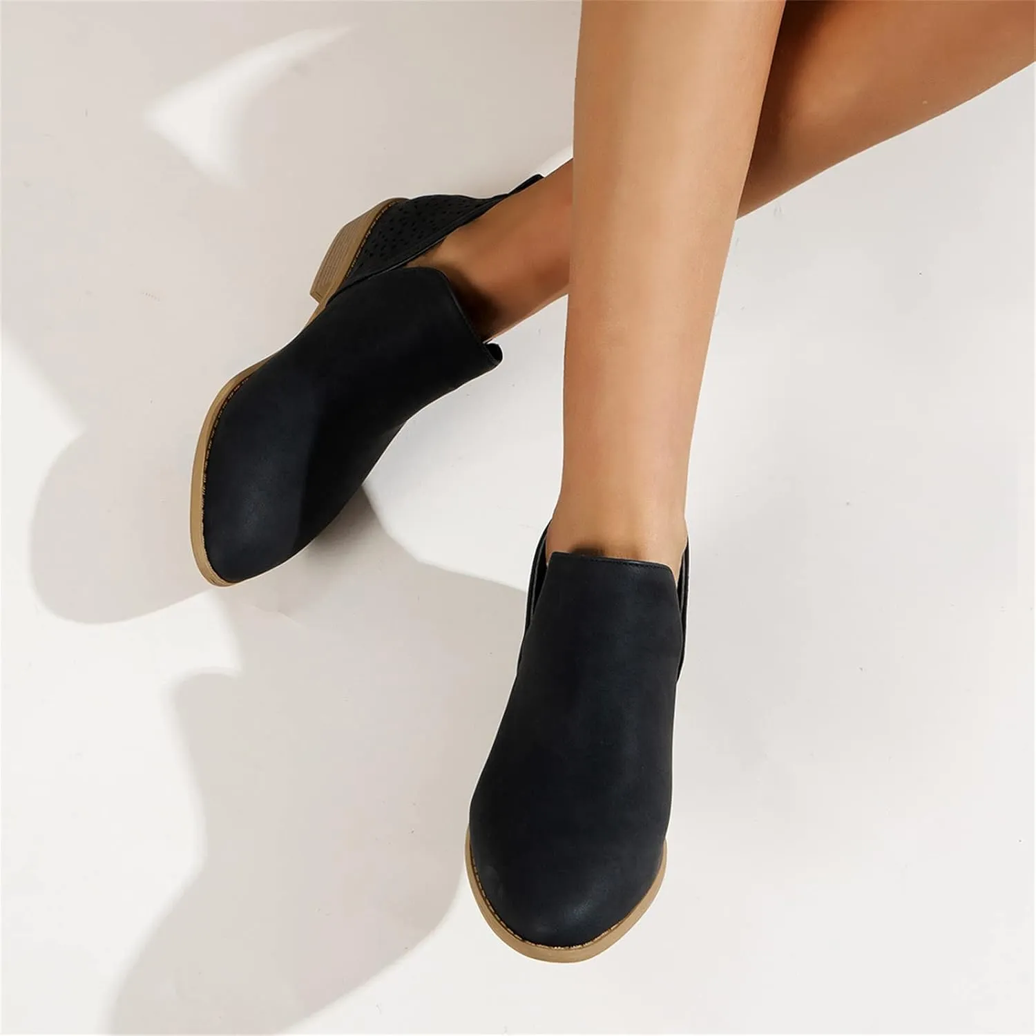 Lausiuoe Boots For Women Ankle Booties Low Heel Cut Out Stacked Chunky Block Casual Dressy Fashion Slip on Ankle Boots