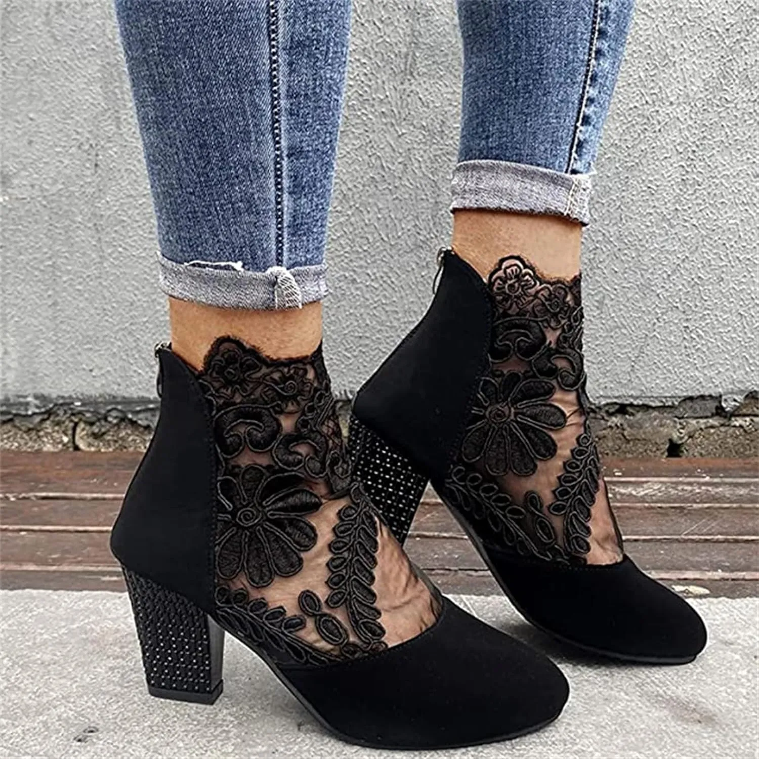 Lausiuoe Boots For Women Ankle Booties Wide Width Chunky Stacked Mid Heels Closed Toe Western Side Zipper Short Boots