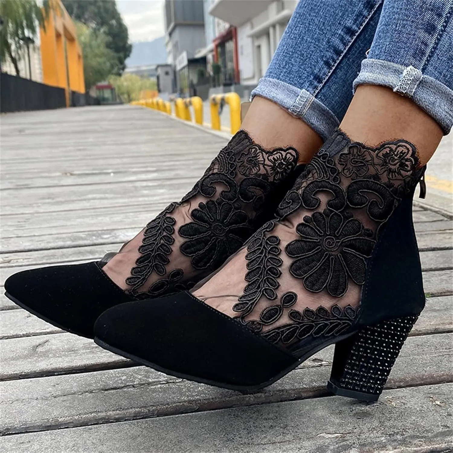 Lausiuoe Boots For Women Ankle Booties Wide Width Chunky Stacked Mid Heels Closed Toe Western Side Zipper Short Boots