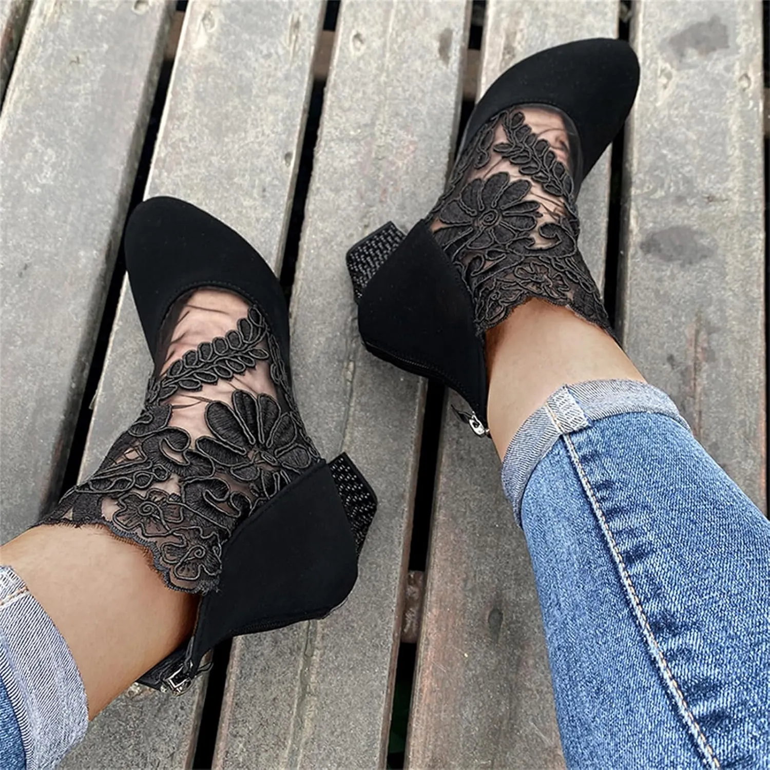 Lausiuoe Boots For Women Ankle Booties Wide Width Chunky Stacked Mid Heels Closed Toe Western Side Zipper Short Boots