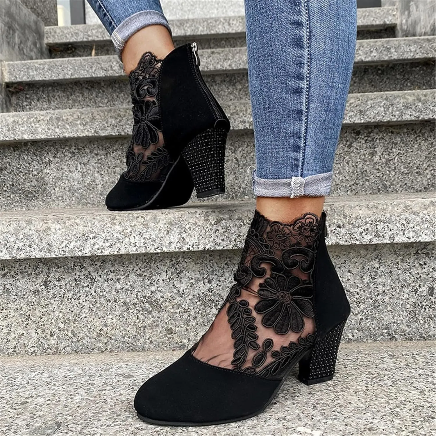 Lausiuoe Boots For Women Ankle Booties Wide Width Chunky Stacked Mid Heels Closed Toe Western Side Zipper Short Boots