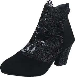 Lausiuoe Boots For Women Ankle Booties Wide Width Chunky Stacked Mid Heels Closed Toe Western Side Zipper Short Boots