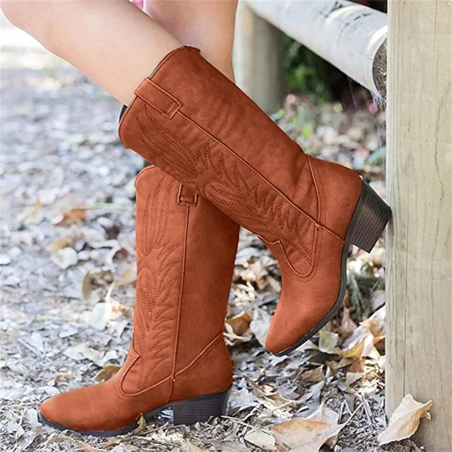 Lausiuoe Womens Boots Knee High Wide Calf Cowboy Boots Western Cowgirl Fashion Retro Classic Embroidered Chunky Booties