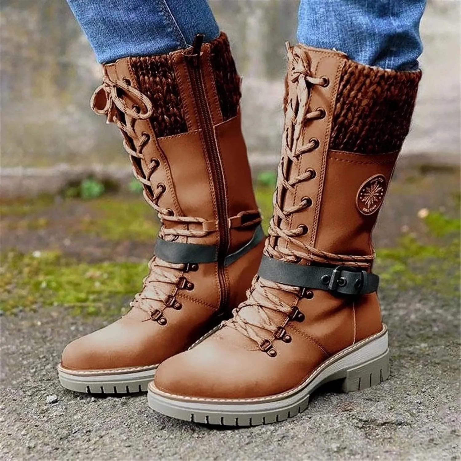 Motorcycle Boots Women Riding Mid Calf Dress Biker Boots Side Zipper Low Heel Combat Military Western Ankle Booties