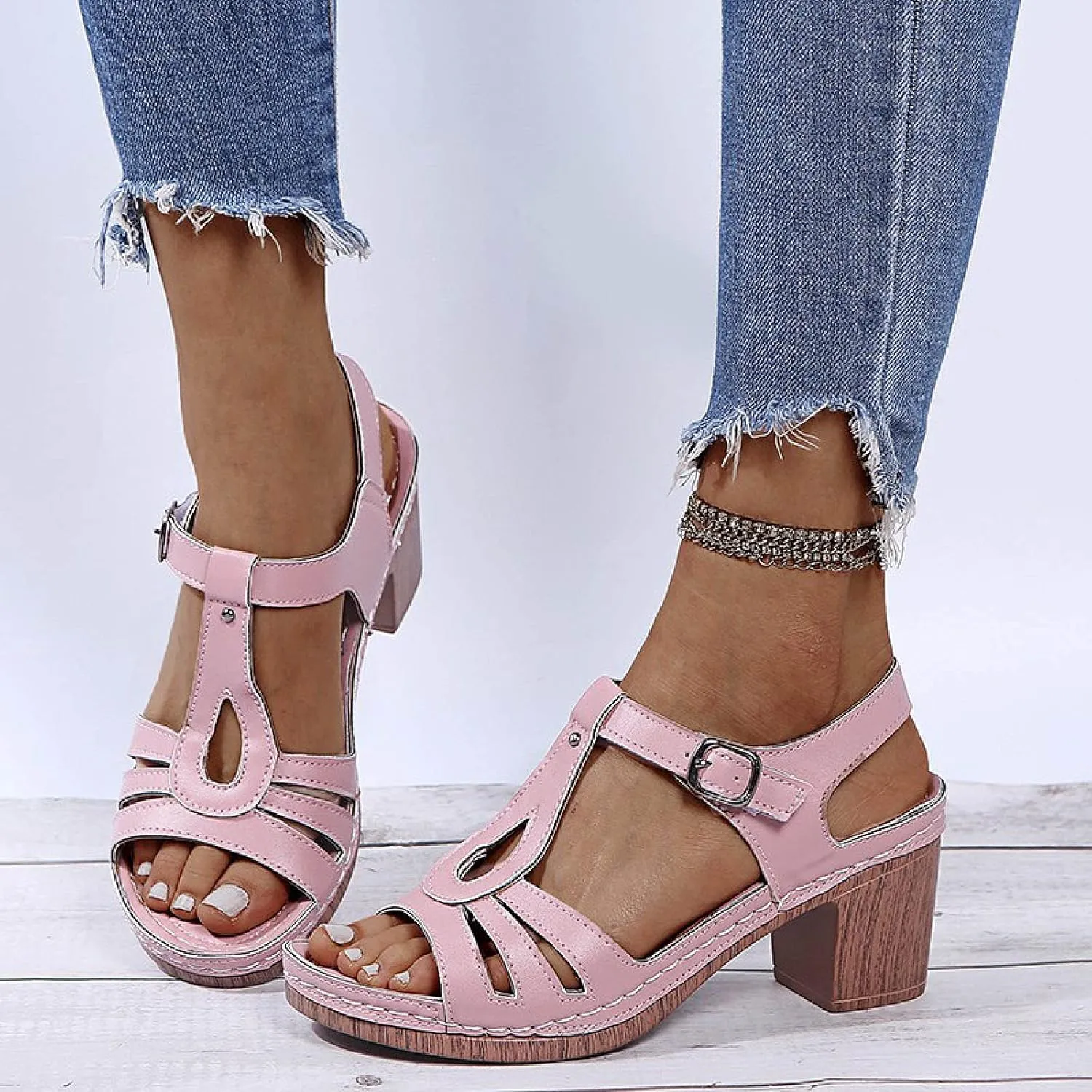 oiangi Block Heel Sandals for Women Dressy Summer Fish Mouth Open Toe Buckle Hollow Chunky High Heels Shoes Comfy Casual Thick Heel Slides Sandalias
