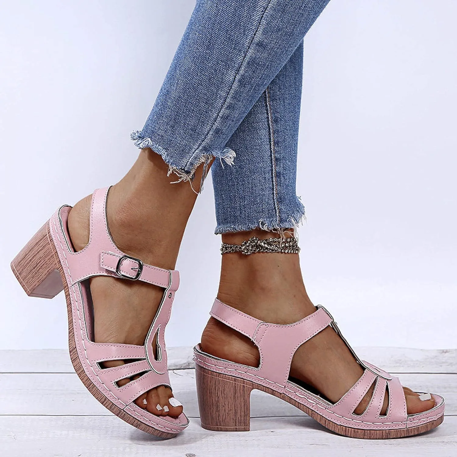 oiangi Block Heel Sandals for Women Dressy Summer Fish Mouth Open Toe Buckle Hollow Chunky High Heels Shoes Comfy Casual Thick Heel Slides Sandalias