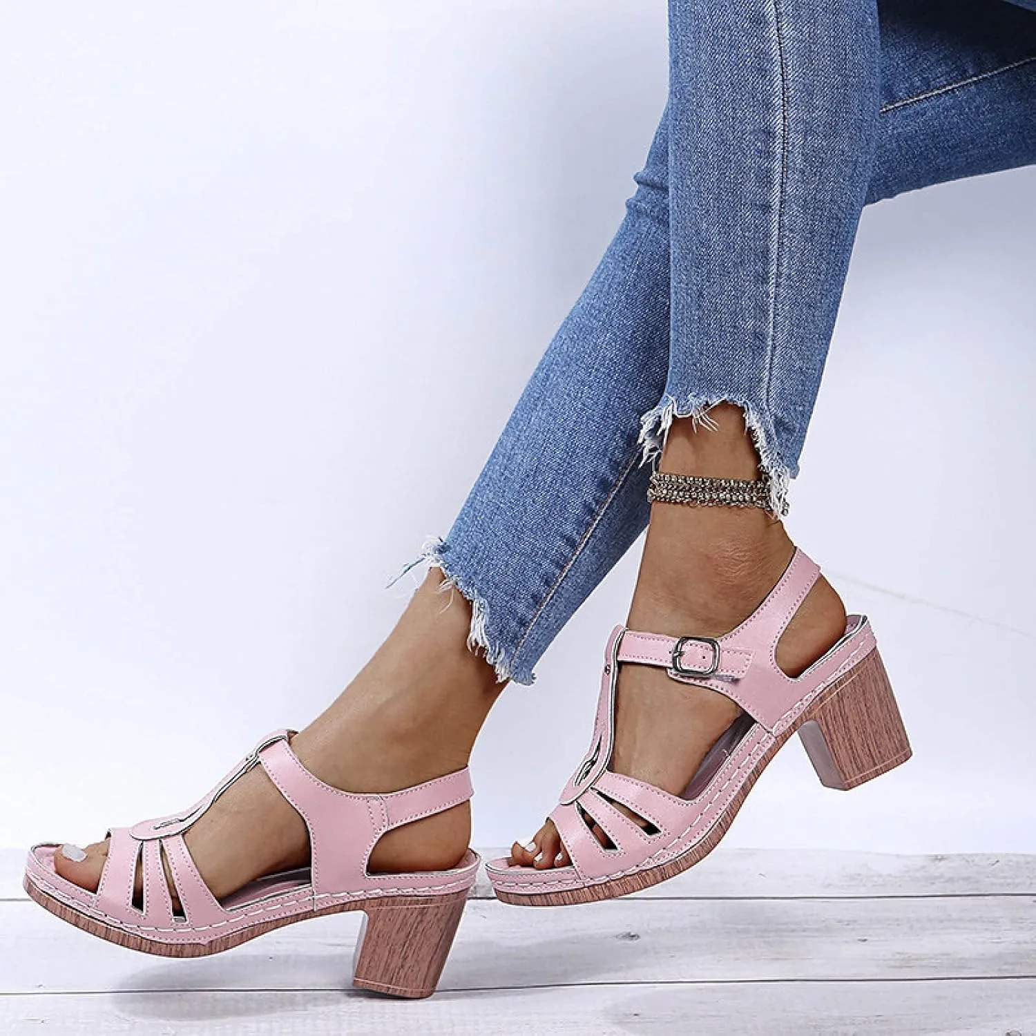 oiangi Block Heel Sandals for Women Dressy Summer Fish Mouth Open Toe Buckle Hollow Chunky High Heels Shoes Comfy Casual Thick Heel Slides Sandalias