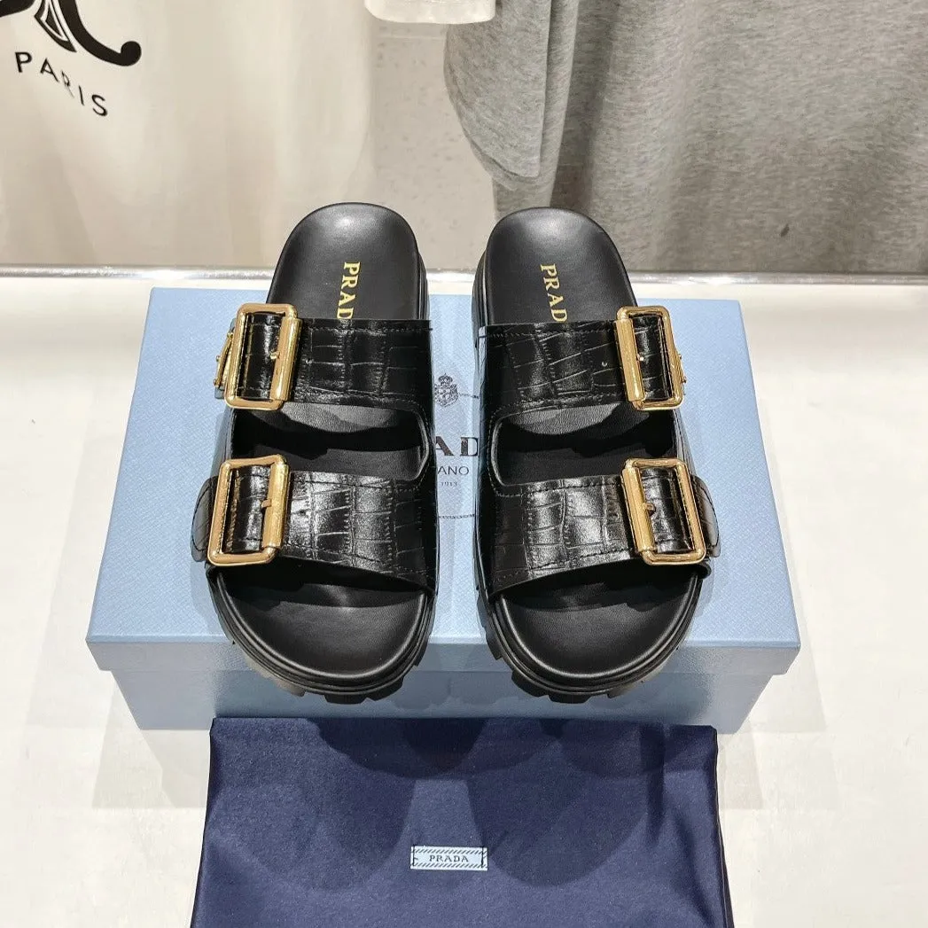 PRA CROCODILE MOTIF STRAP SLIDES SANDALS BLACK CALFSKIN