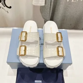 PRA CROCODILE MOTIF STRAP SLIDES SANDALS WHITE CALFSKIN