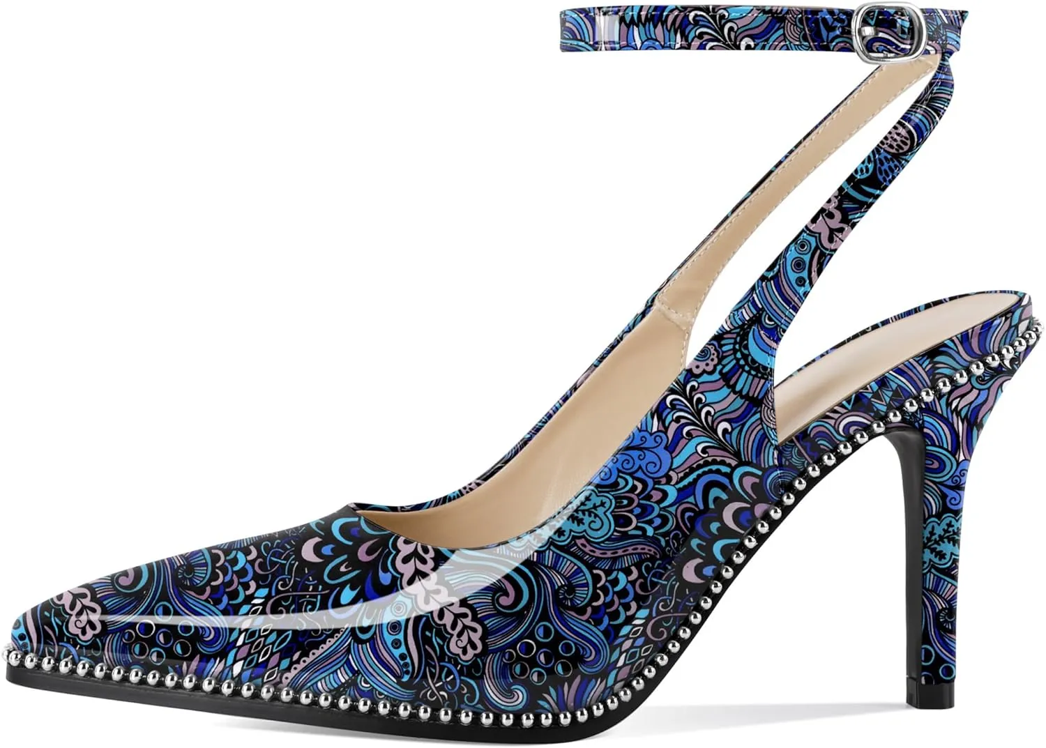 Soireelady Women's Slingback Heels Ankle Strap Pointed Toe Stilettos High Heel Beaded Pumps Dress Shoes 3.5 Inches