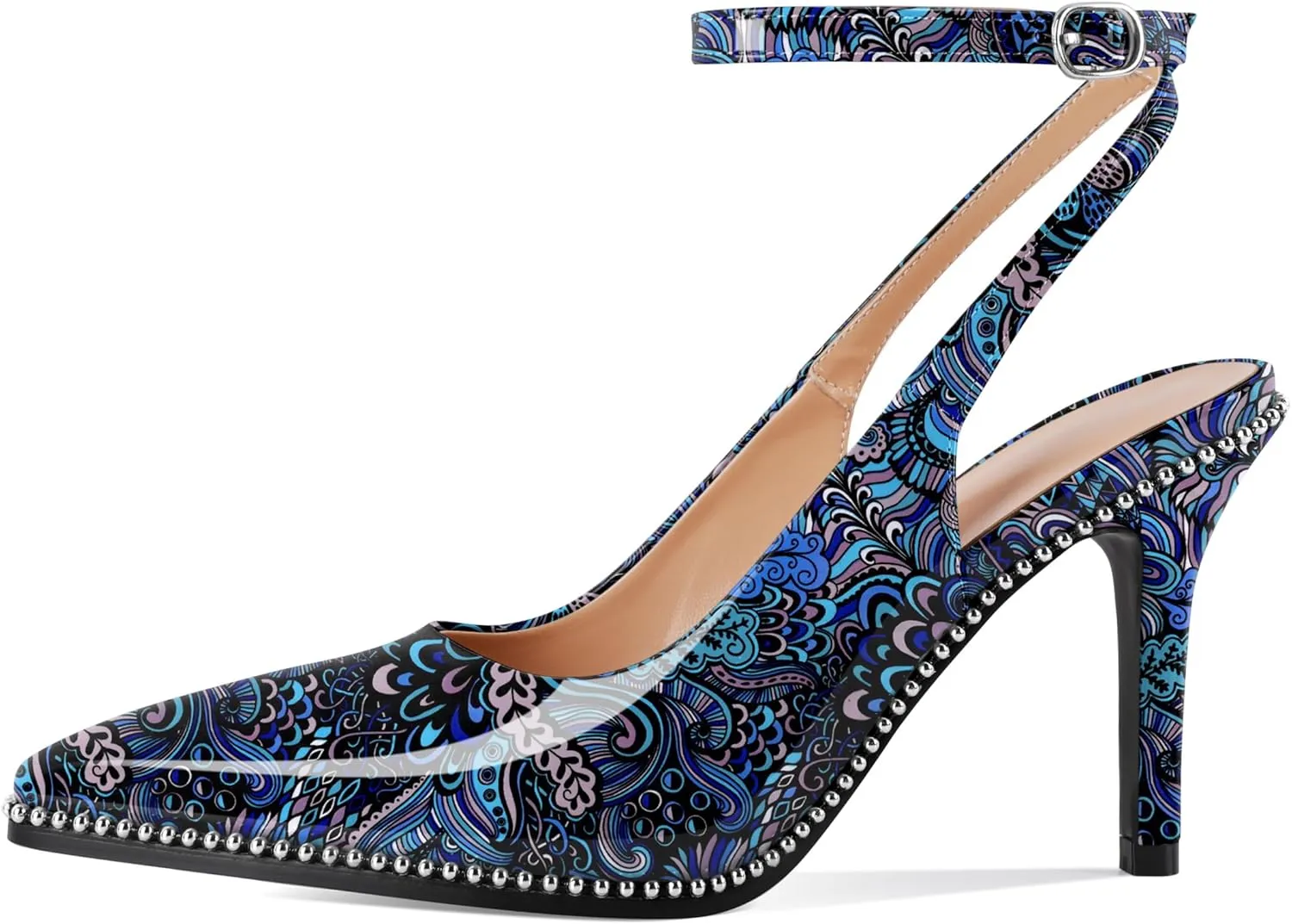 Soireelady Women's Slingback Heels Ankle Strap Pointed Toe Stilettos High Heel Beaded Pumps Dress Shoes 3.5 Inches