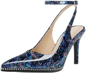 Soireelady Women's Slingback Heels Ankle Strap Pointed Toe Stilettos High Heel Beaded Pumps Dress Shoes 3.5 Inches