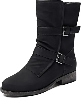 Veittes Women's Mid-Calf Cowboy Cowgirl Boots with Low Chunky Heel, Side Zipper, Motorcycle Style, Classic Round Toe,Fashion Western (Black/Dark Brown/Grey) Boots