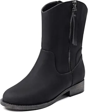 Veittes Women's Mid-Calf Cowboy Cowgirl Boots with Low Chunky Heel, Side Zipper, Motorcycle Style, Classic Round Toe,Fashion Western (Black/Dark Brown/Grey) Boots