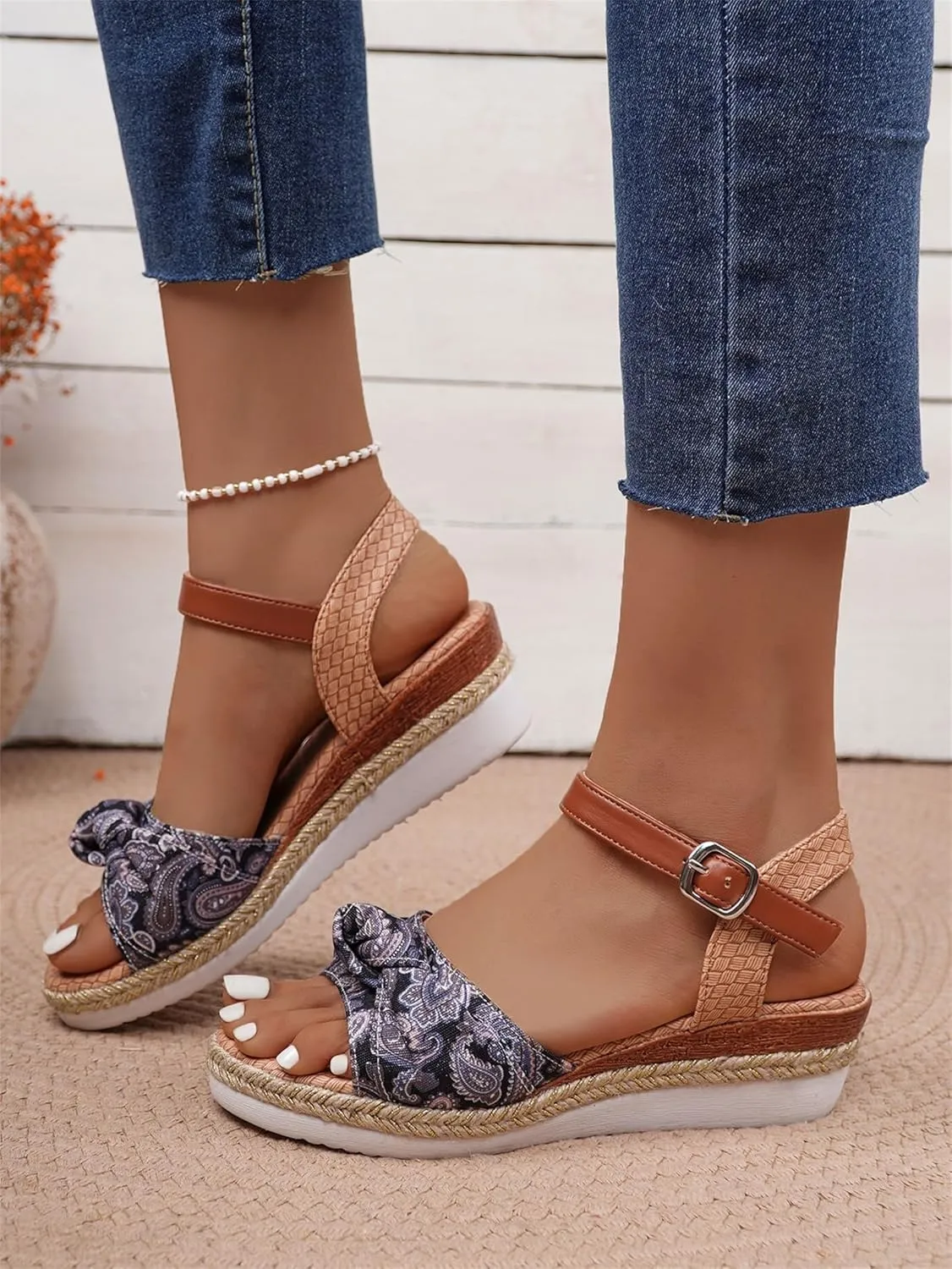 Wedge Sandals Breathable Open Toe Slingback Slides Sandals Fashion Fabric Walking Shoes Adjustable Strappy Ankle Strap Metal Buckle Shoes for Women