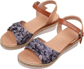 Wedge Sandals Breathable Open Toe Slingback Slides Sandals Fashion Fabric Walking Shoes Adjustable Strappy Ankle Strap Metal Buckle Shoes for Women