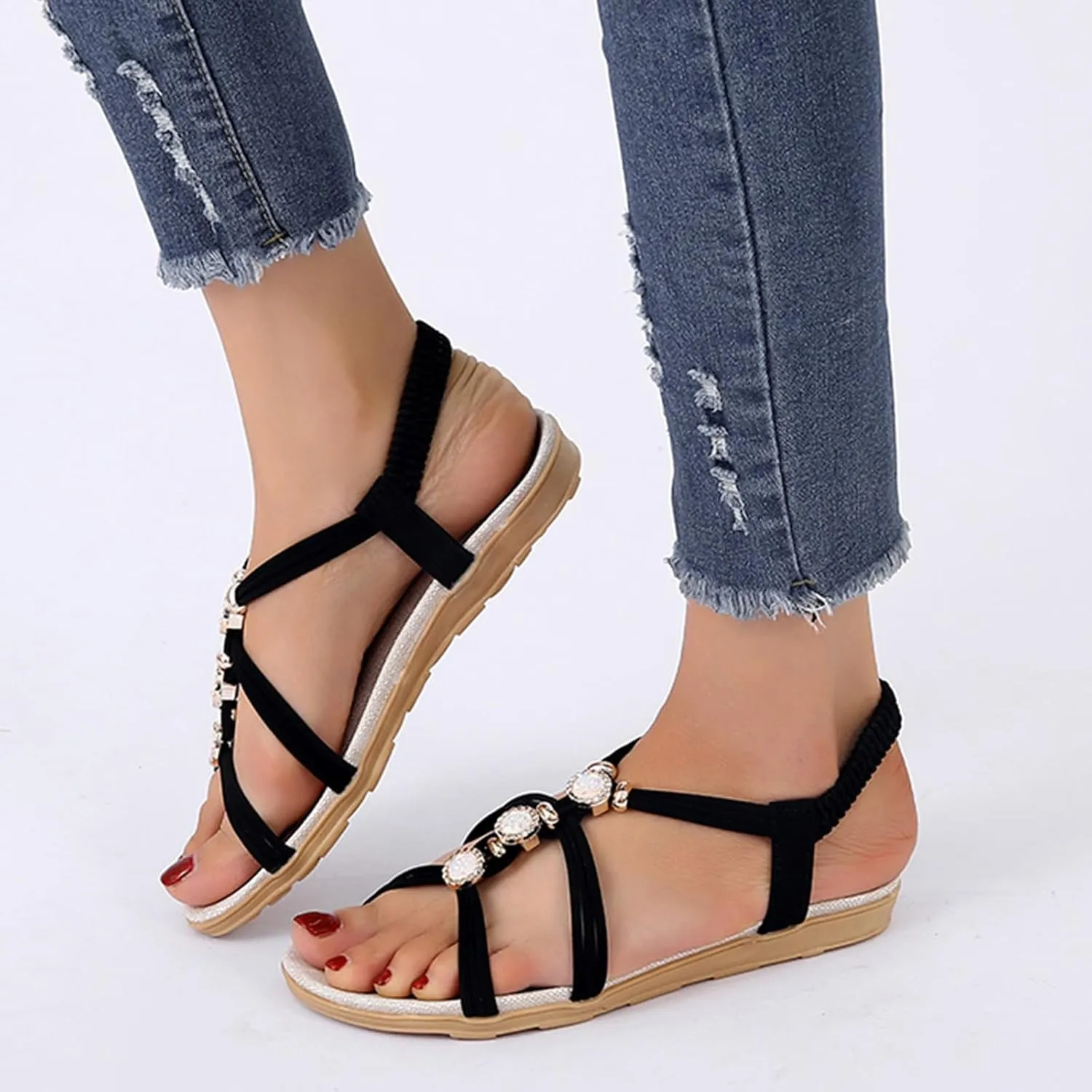 Wedge Sandals for Women Flats Rhinestone with Arch Support Sandals Breathable Hot Summer Travel Non-Slip Shoes