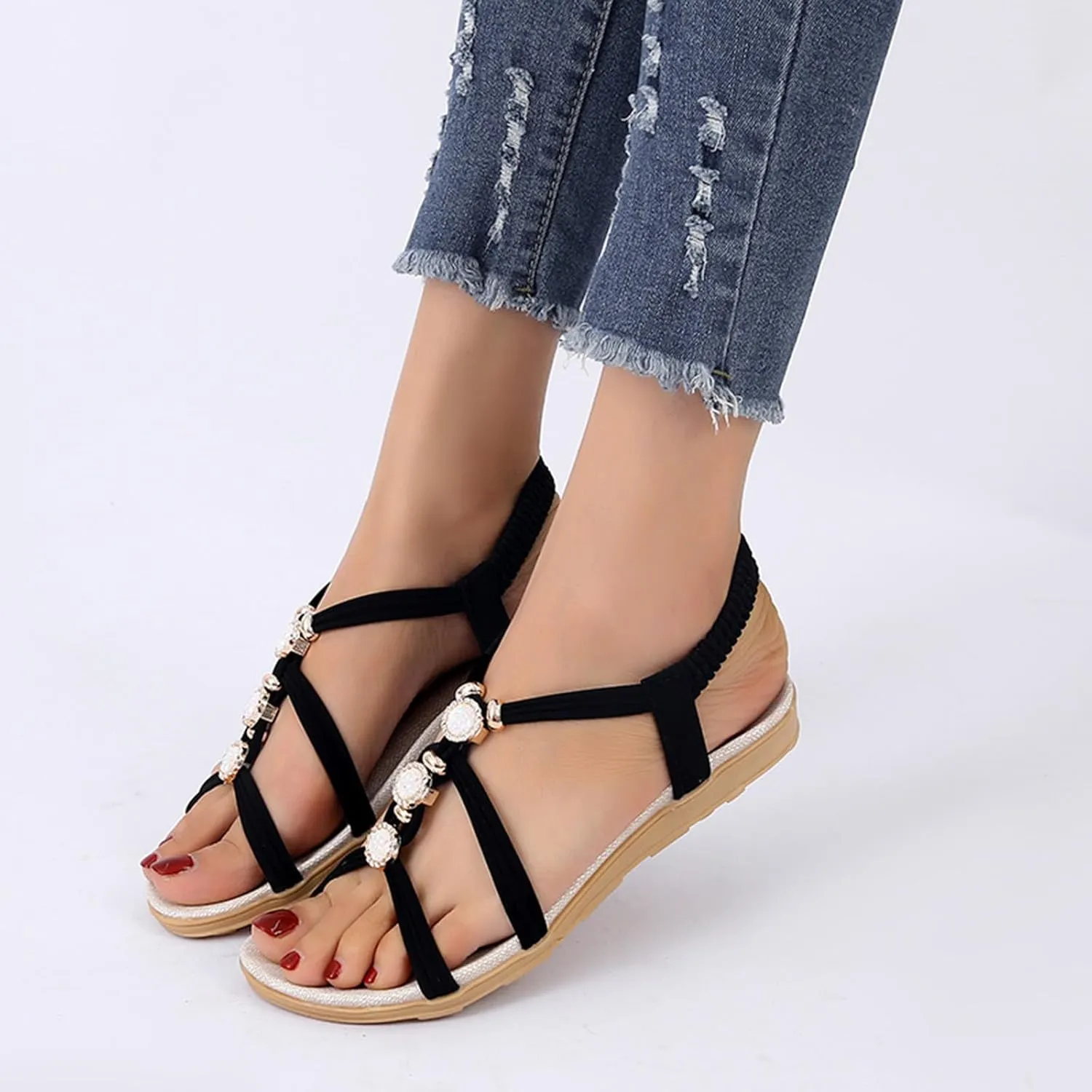 Wedge Sandals for Women Flats Rhinestone with Arch Support Sandals Breathable Hot Summer Travel Non-Slip Shoes