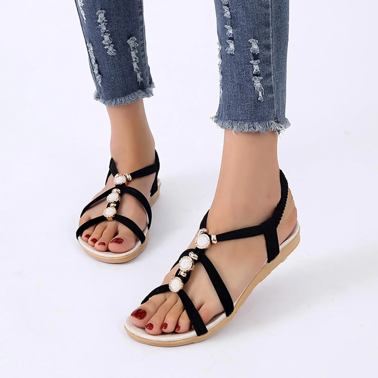 Wedge Sandals for Women Flats Rhinestone with Arch Support Sandals Breathable Hot Summer Travel Non-Slip Shoes
