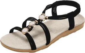 Wedge Sandals for Women Flats Rhinestone with Arch Support Sandals Breathable Hot Summer Travel Non-Slip Shoes