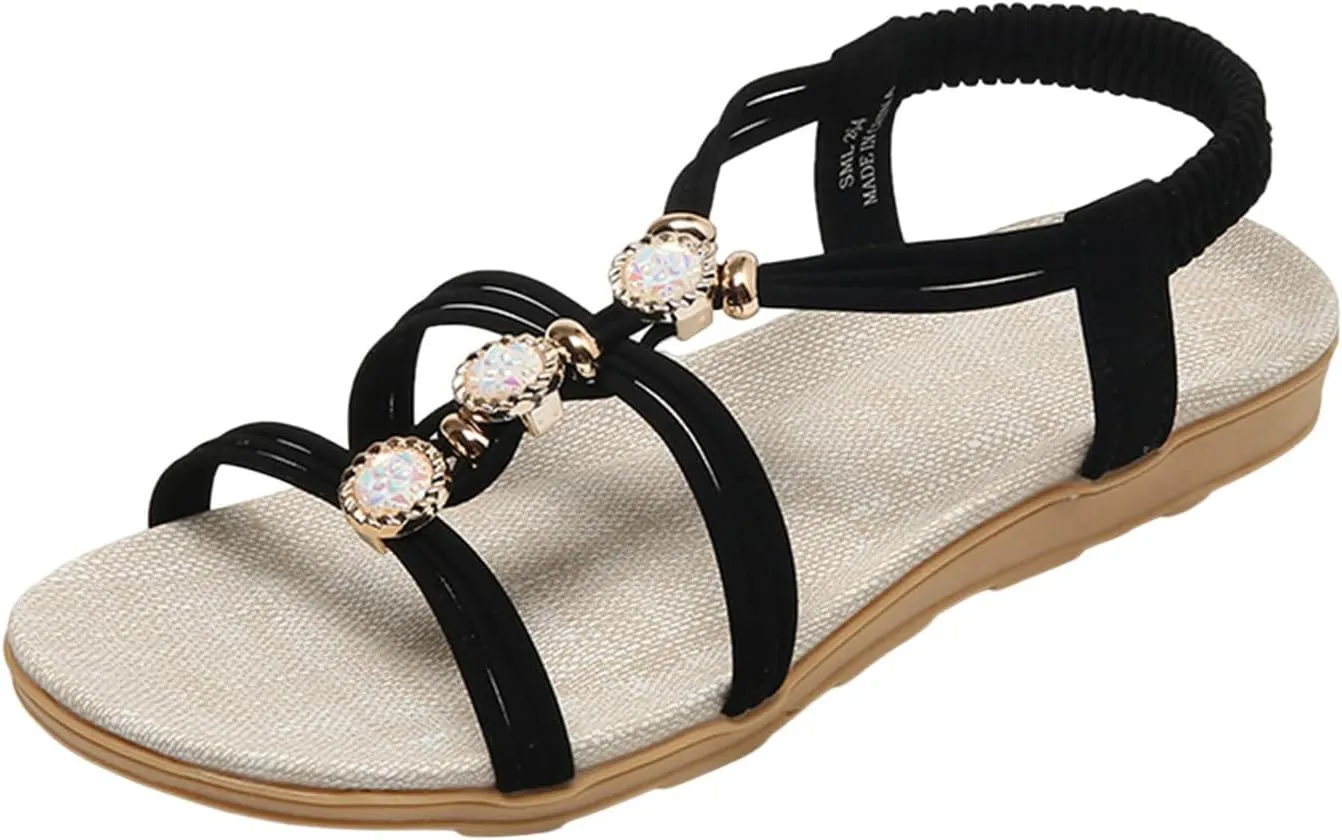 Wedge Sandals for Women Flats Rhinestone with Arch Support Sandals Breathable Hot Summer Travel Non-Slip Shoes