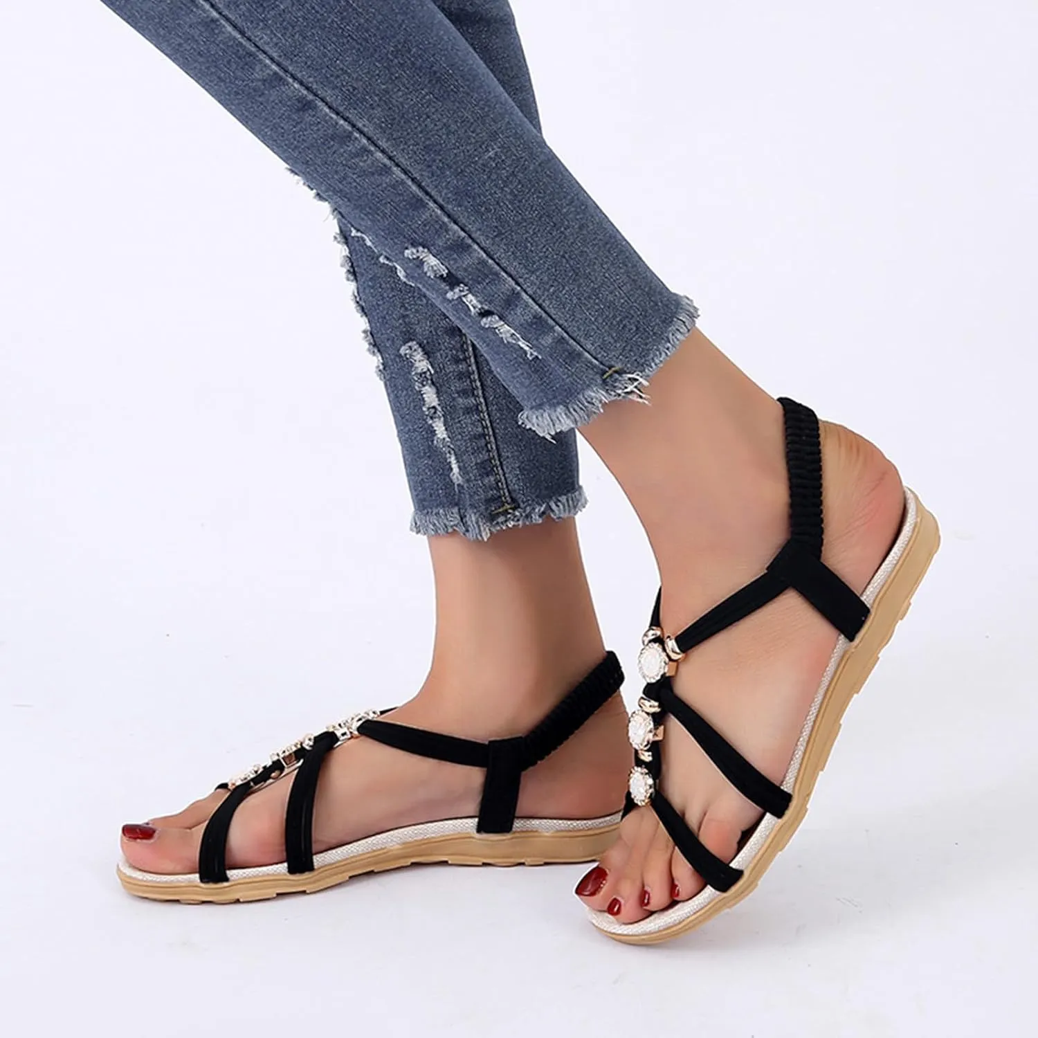 Wedge Sandals for Women Flats Rhinestone with Arch Support Sandals Breathable Hot Summer Travel Non-Slip Shoes