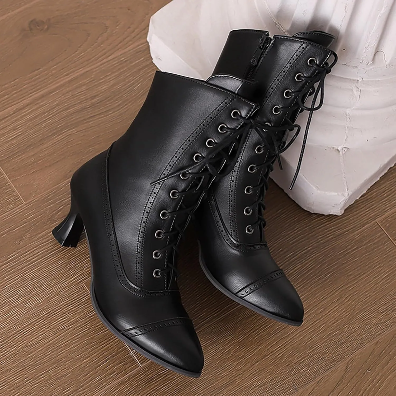 Women Mid Calf Boots Mid Heel Leather Lace Up Pointed Toe Boots Waterproof Comfortable Slip on Fall Winter Boots Black Zipper Retro Ladies Boots Women Booties