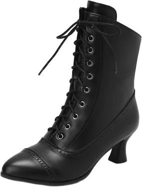 Women Mid Calf Boots Mid Heel Leather Lace Up Pointed Toe Boots Waterproof Comfortable Slip on Fall Winter Boots Black Zipper Retro Ladies Boots Women Booties