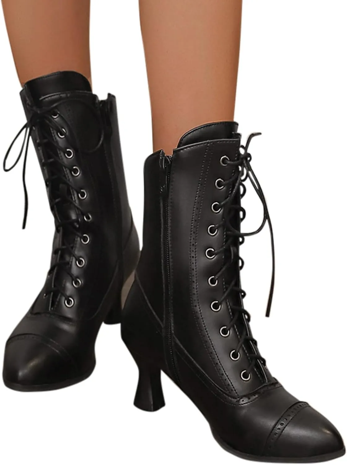 Women Mid Calf Boots Mid Heel Leather Lace Up Pointed Toe Boots Waterproof Comfortable Slip on Fall Winter Boots Black Zipper Retro Ladies Boots Women Booties