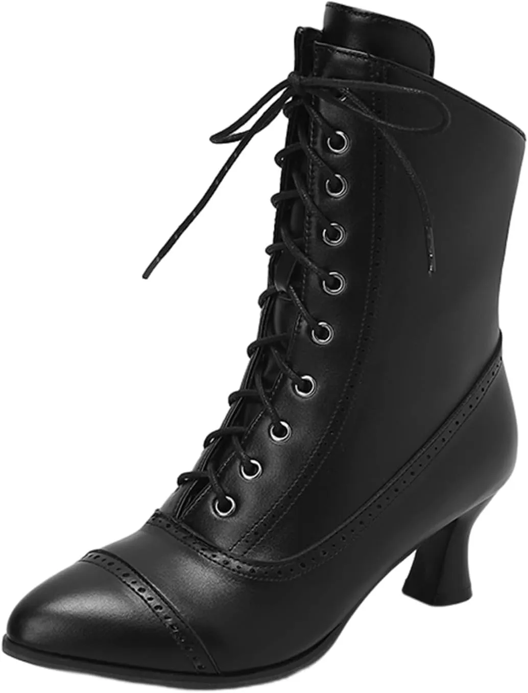 Women Mid Calf Boots Mid Heel Leather Lace Up Pointed Toe Boots Waterproof Comfortable Slip on Fall Winter Boots Black Zipper Retro Ladies Boots Women Booties