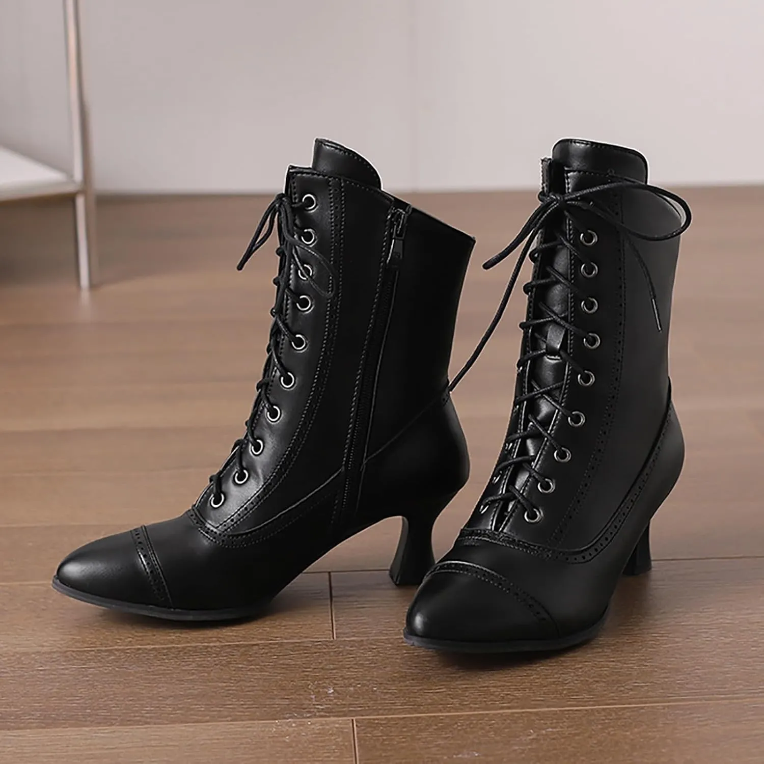 Women Mid Calf Boots Mid Heel Leather Lace Up Pointed Toe Boots Waterproof Comfortable Slip on Fall Winter Boots Black Zipper Retro Ladies Boots Women Booties
