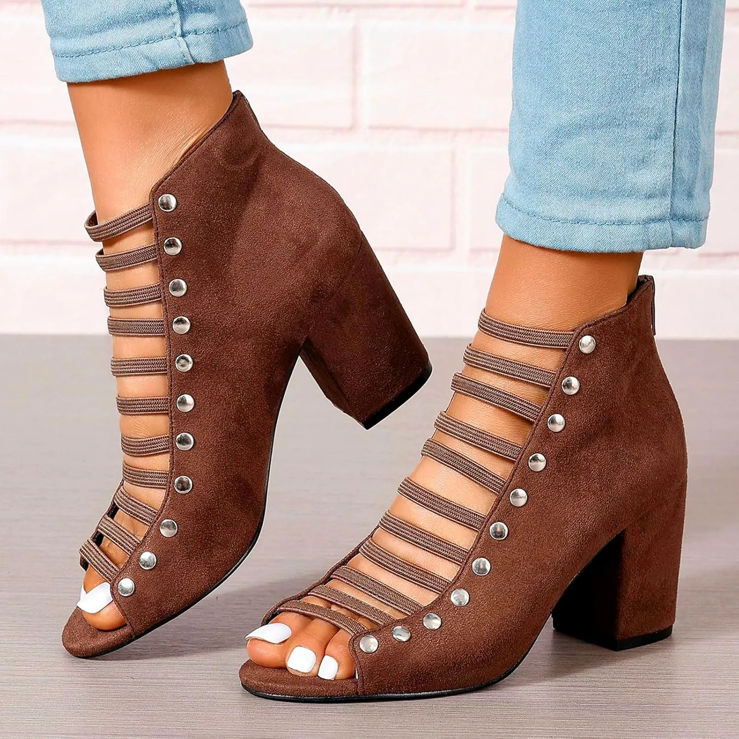 Women Toe Suede Sandals Back Zipper Cutout Sandals Chunky High Heel Sandals Ankle Strap Womens Dress Boots Low Heel