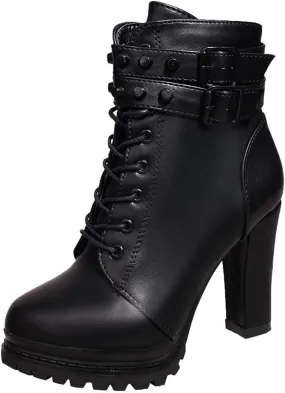 Women's Ankle Boots Lace Up Round Toe Chunky Block Ankle Boots High Heels Side Zipper Combat Boots with Office