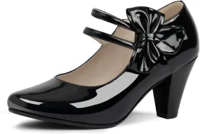 Women's Bowknot Patent Leather Sweet Closed Toe Chunky High Heel Mary Janes Pumps Almond Toe Hook Loop Ankle Strap Vintage Shoes