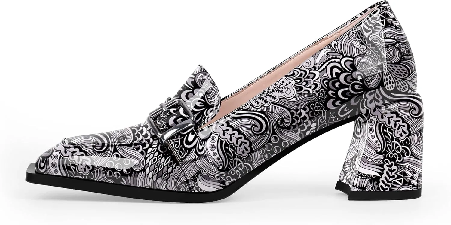 Women's Comfortable Buckle Chunky Heel Pumps Square Toe Work Dress Shoes