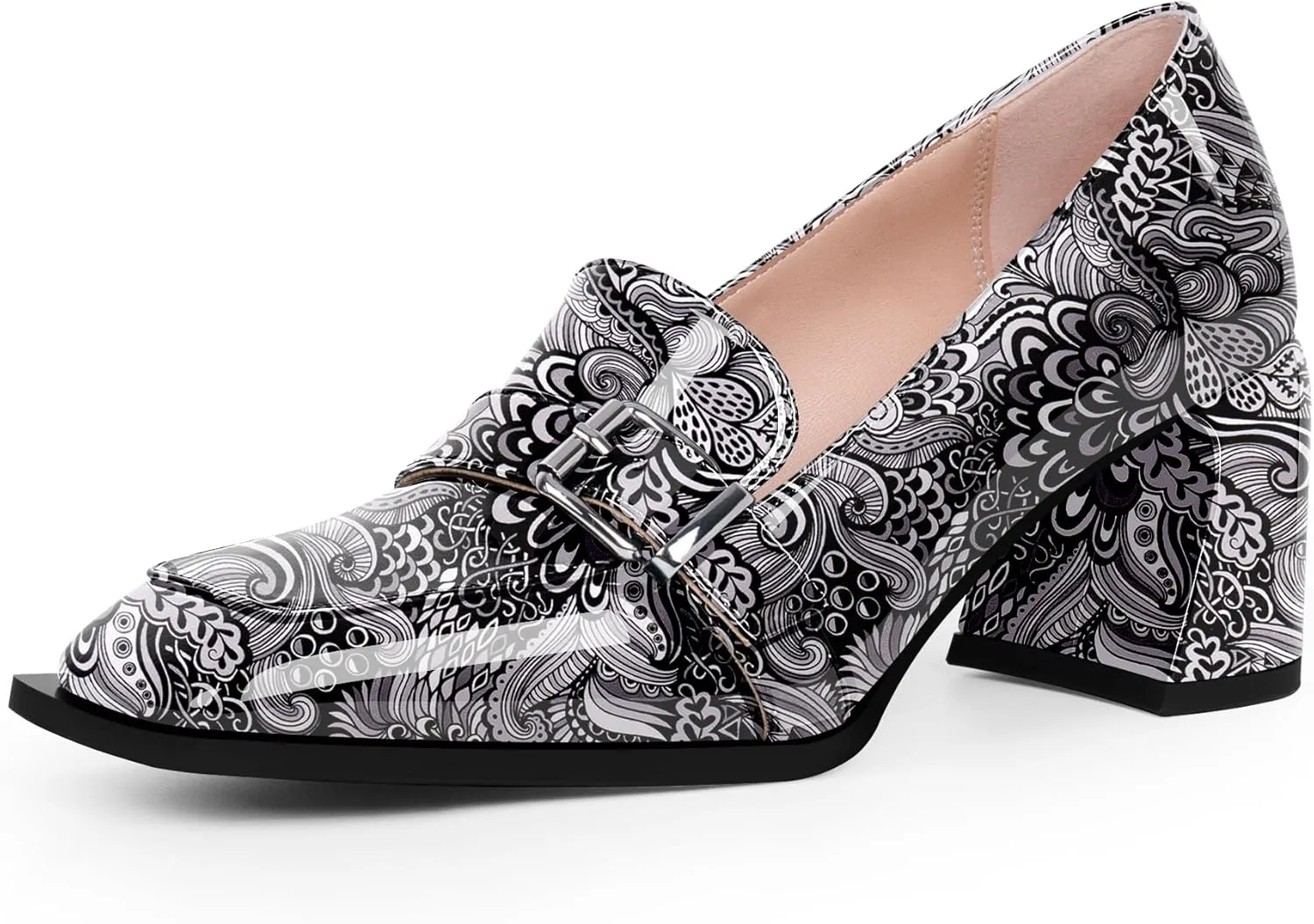 Women's Comfortable Buckle Chunky Heel Pumps Square Toe Work Dress Shoes