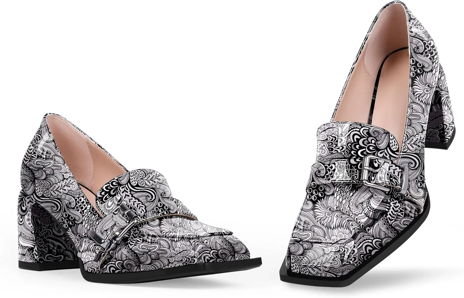 Women's Comfortable Buckle Chunky Heel Pumps Square Toe Work Dress Shoes