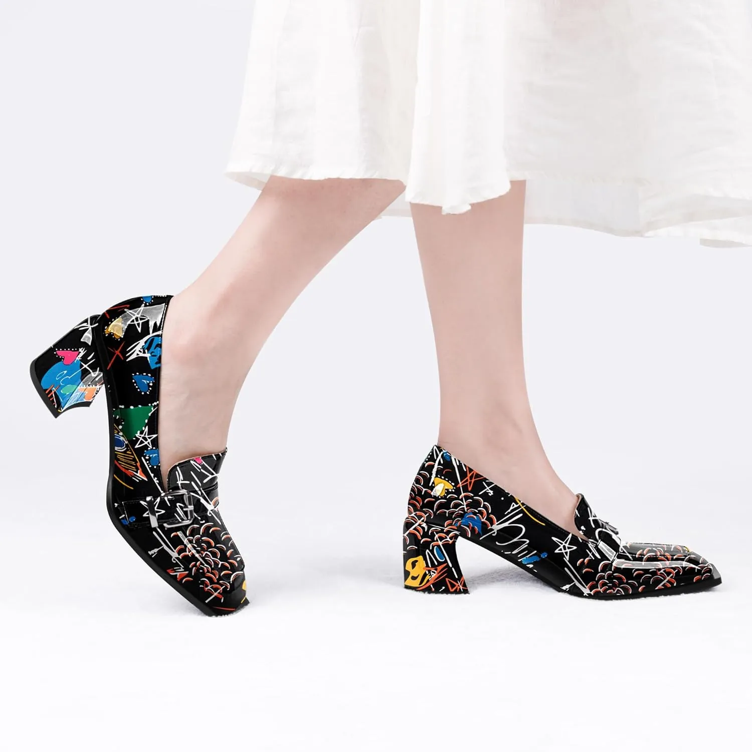 Women's Comfortable Buckle Chunky Heel Pumps Square Toe Work Dress Shoes