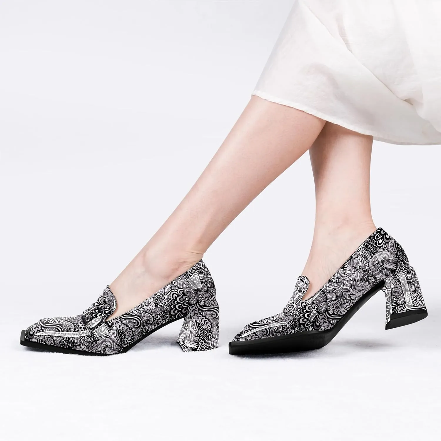 Women's Comfortable Buckle Chunky Heel Pumps Square Toe Work Dress Shoes