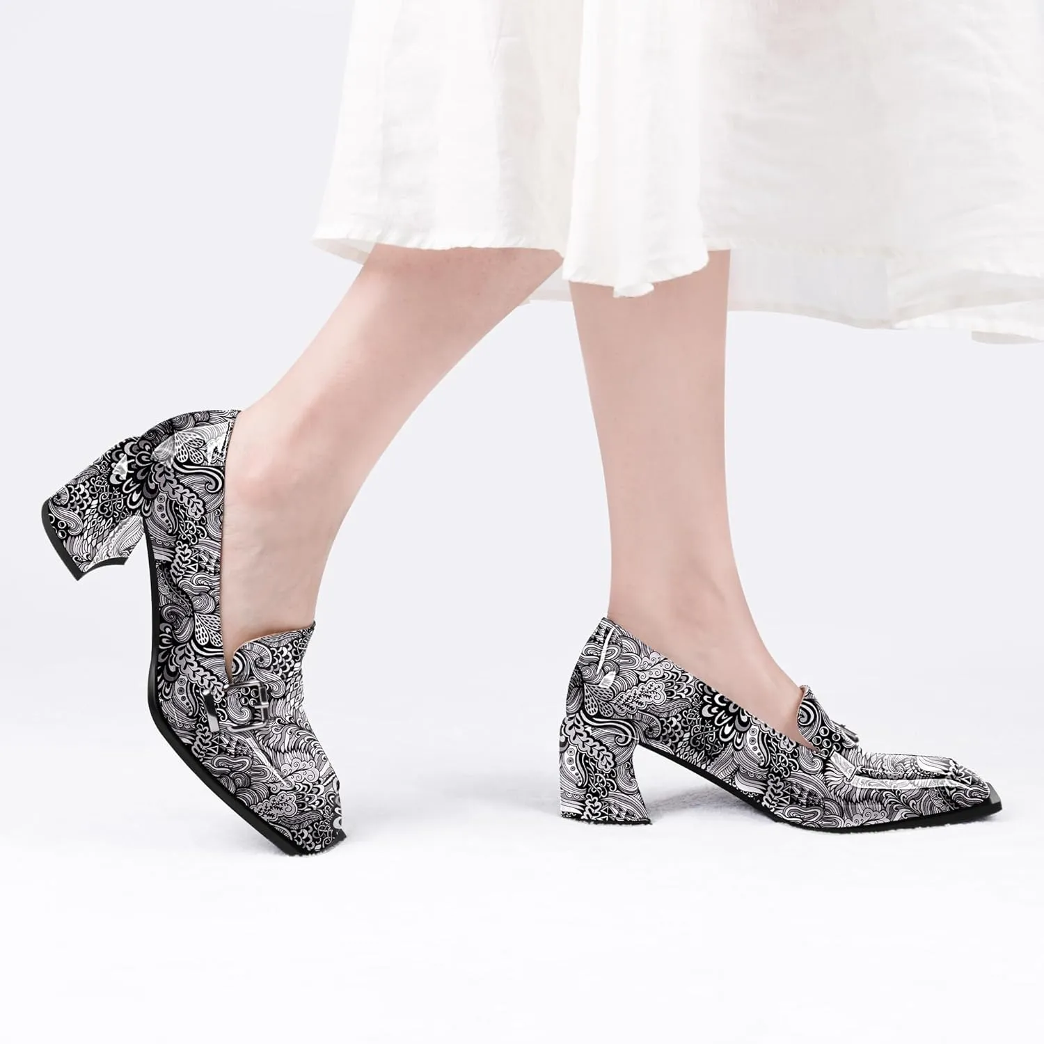 Women's Comfortable Buckle Chunky Heel Pumps Square Toe Work Dress Shoes