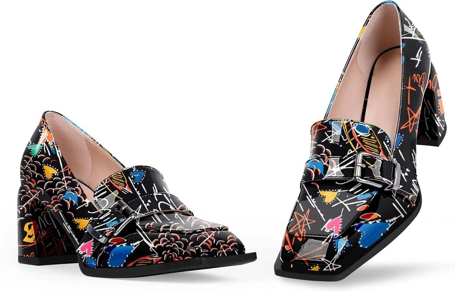 Women's Comfortable Buckle Chunky Heel Pumps Square Toe Work Dress Shoes