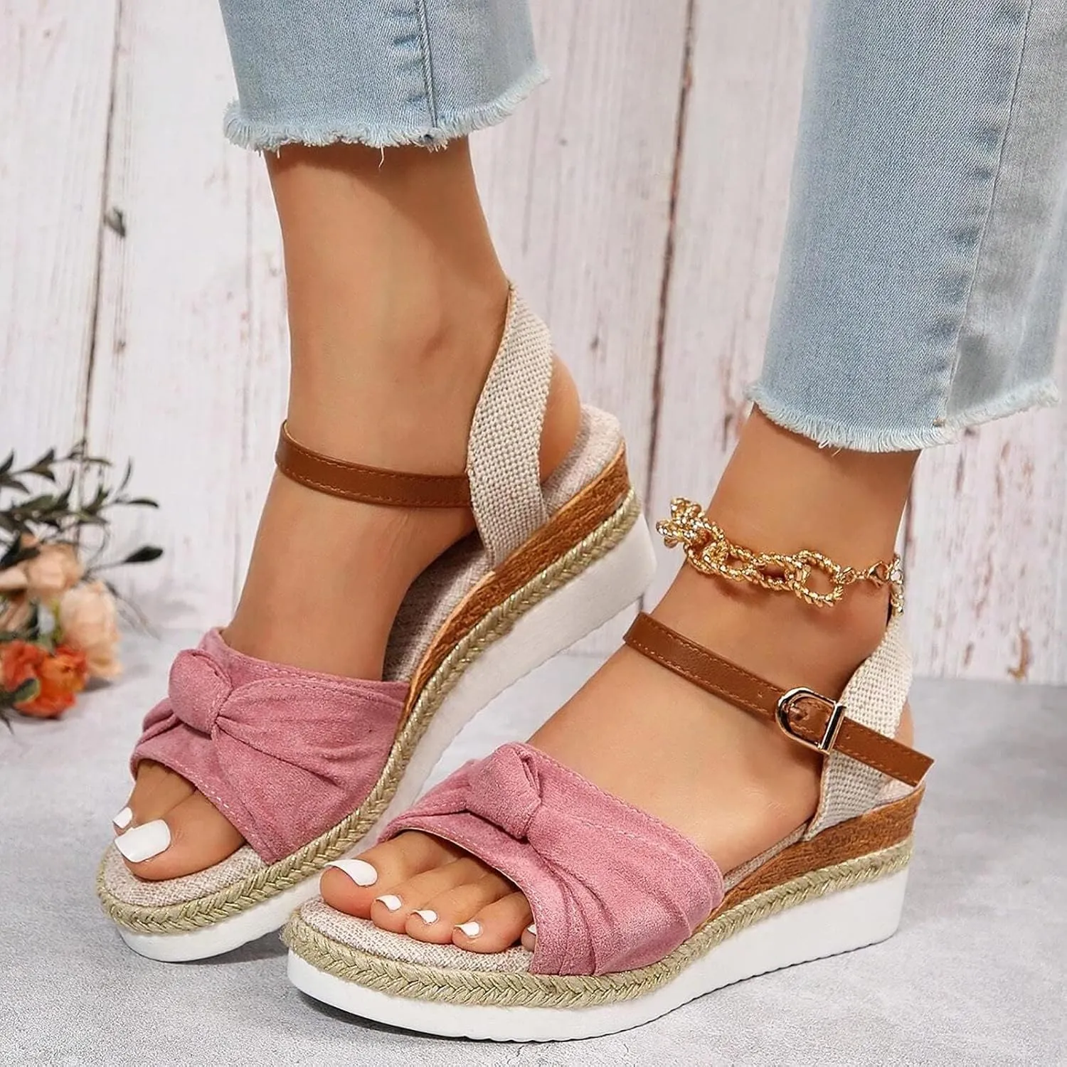 Womens Comfortable Sandals Summer Orthopedic Slides Wedge Platform Sandals Fashion Open Toe Strappy Ankle Strap Metal Buckle Shoes Slingback Casual Summer Beach Sandal