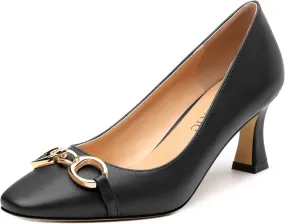 Women’s Kitten Low Heel Pumps Square Toe Metal Buckle Slip On Classic Comfort Office Dress Shoes 2.5 Inch