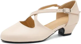 Women's Low Chunky Heel Pumps Cross Strap Closed Toe Dress Shoes